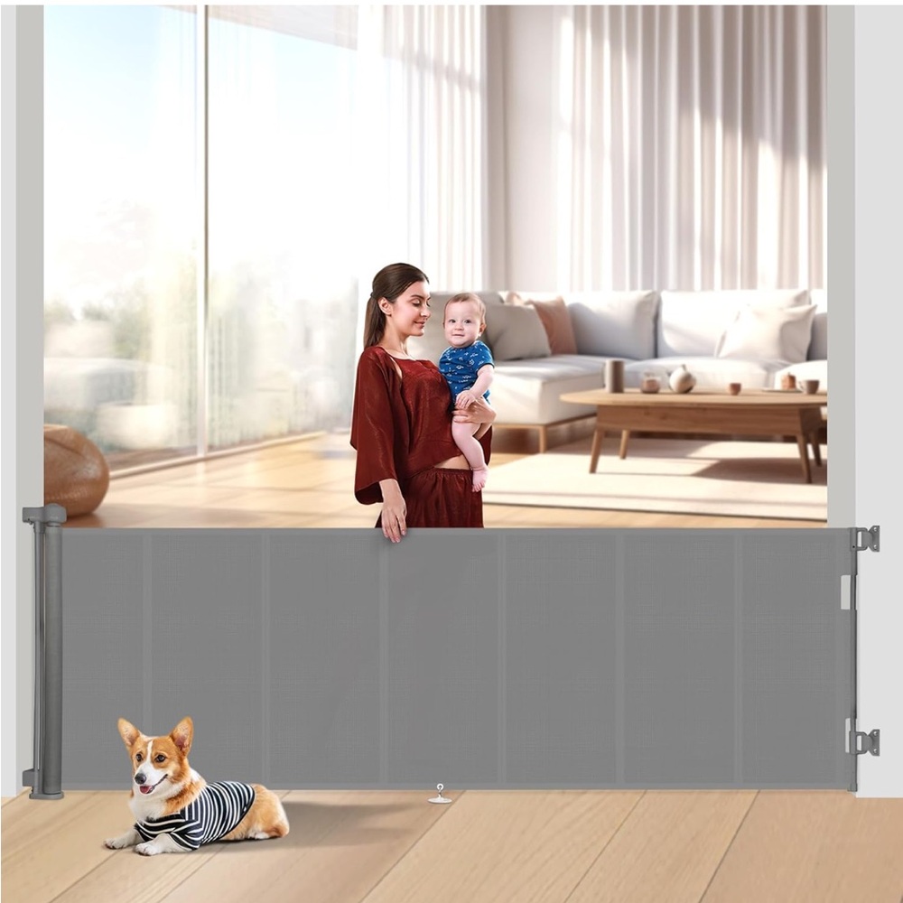 New Open Box Gray 120 inch Retractable Baby Gates 34 inch Tall, Retractable Gate
